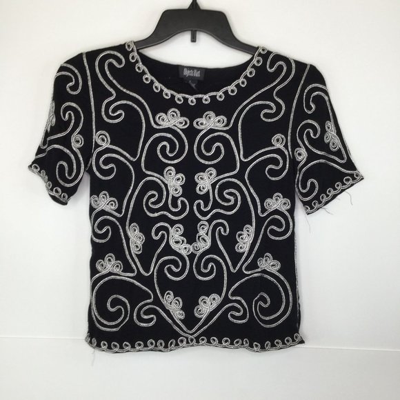 Objects D'Art Blouse Women Small Black White Embroidered Short Sleeve Swirl - Picture 1 of 5